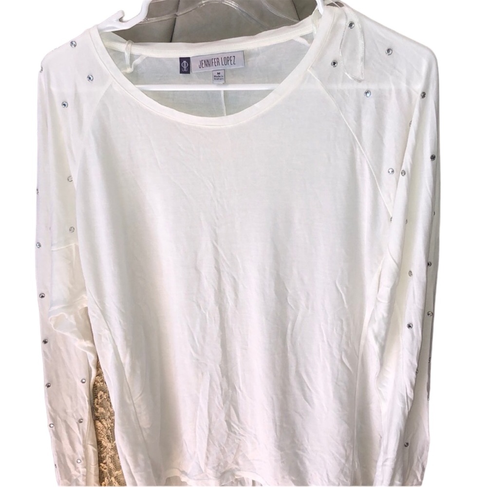Jennifer Lopez size medium ivory crewneck rhinestones details on sleeves